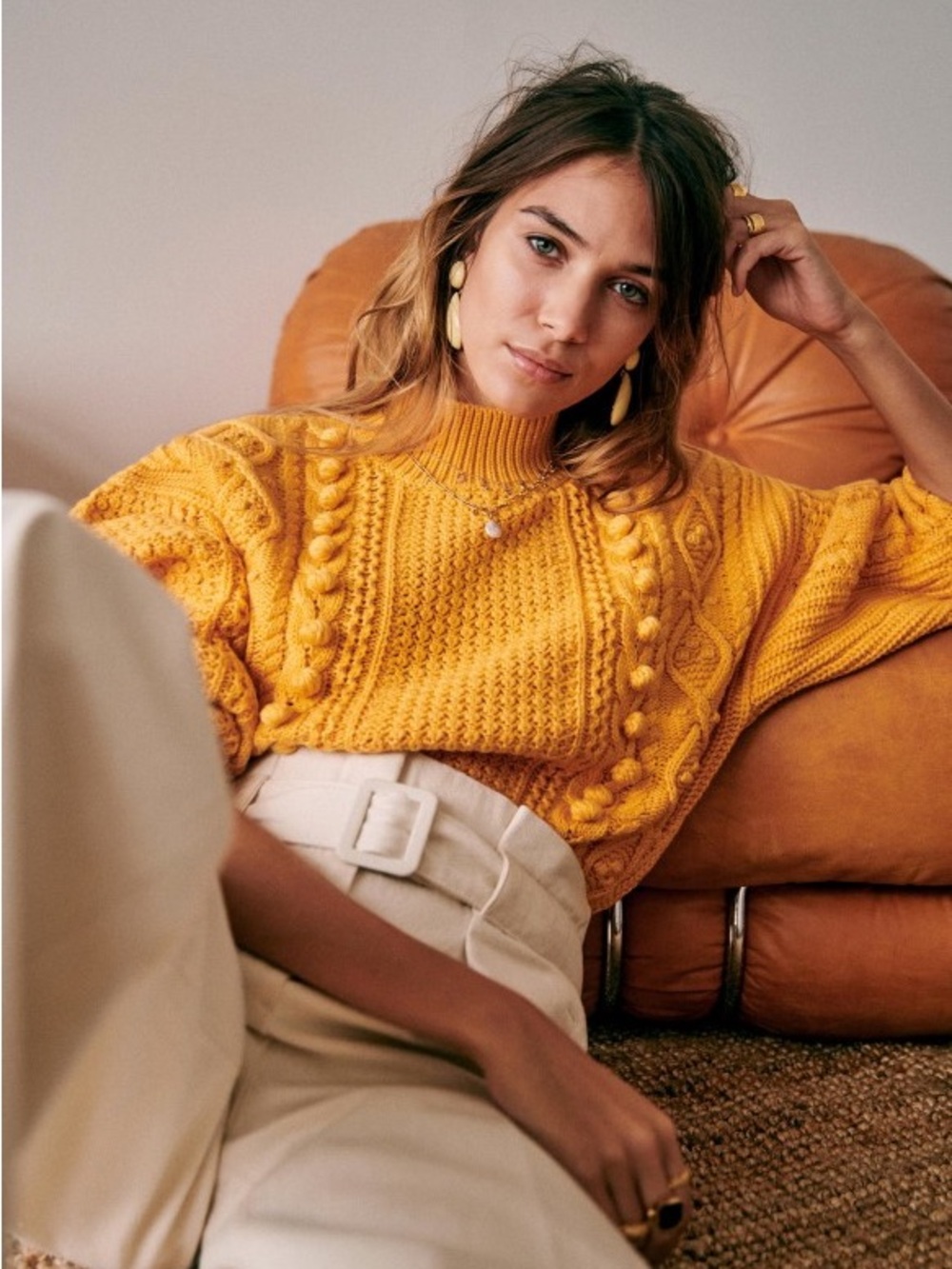 Sezane Amaury Cableknit Bobble Mustard Yellow High Neck Sweater Wool Blend - Picture 5 of 14